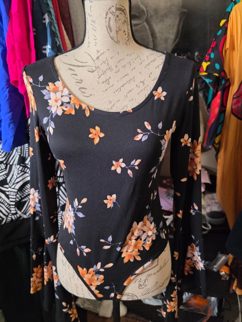 Floral Black Bodysuit With Long Bell Sleeves By Polly & Esther Size M Stretch Po